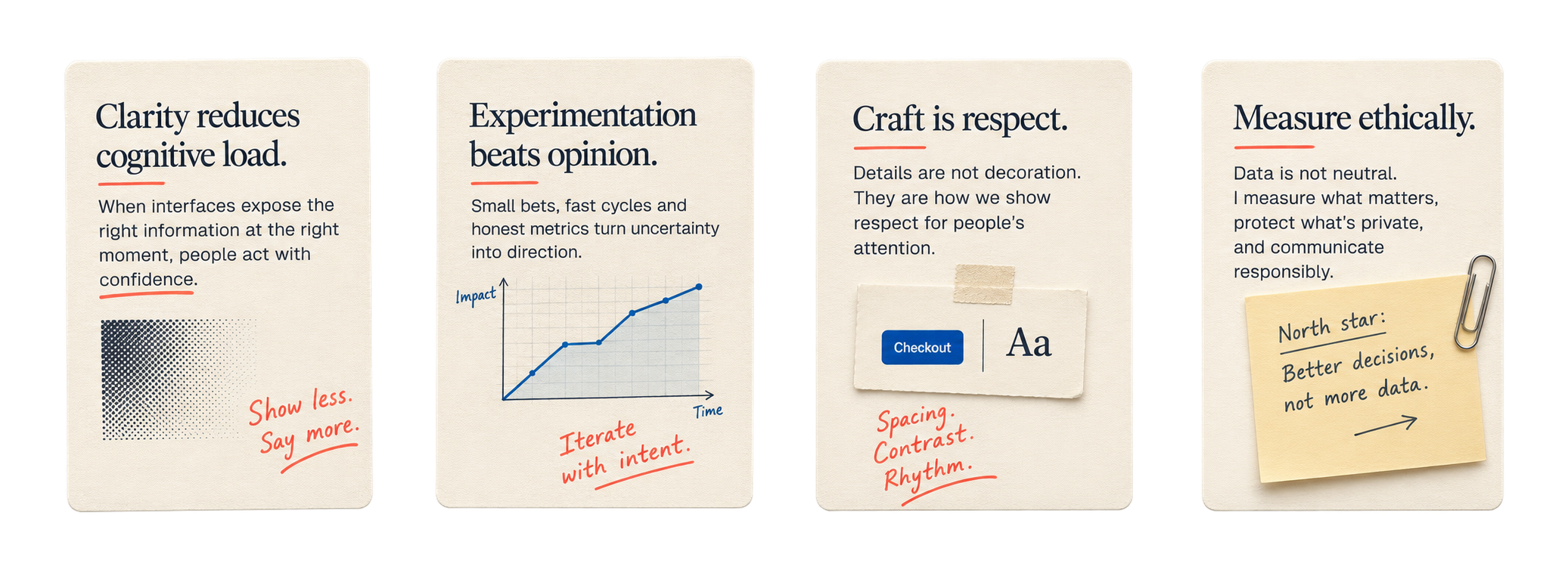 Four field notes about clarity, experimentation, craft and ethical measurement