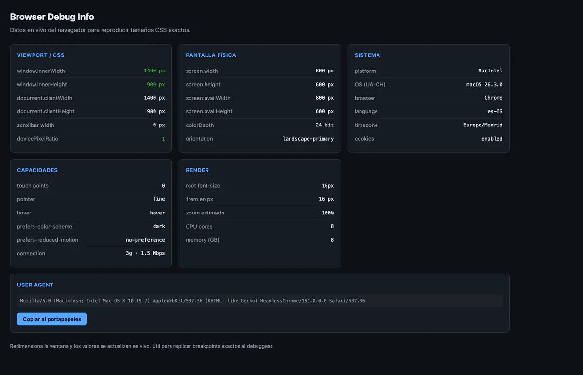 Informe de depuración del entorno del navegador