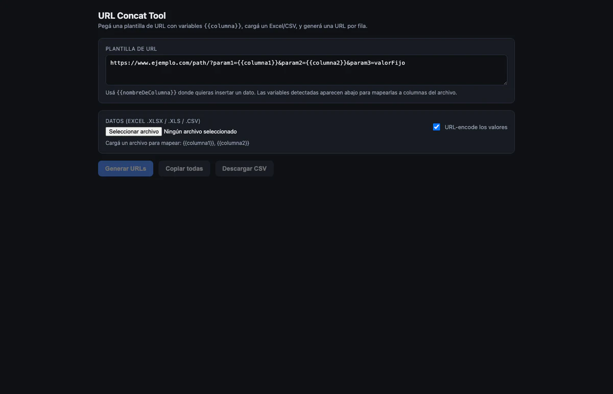 Interfaz del generador masivo de URLs