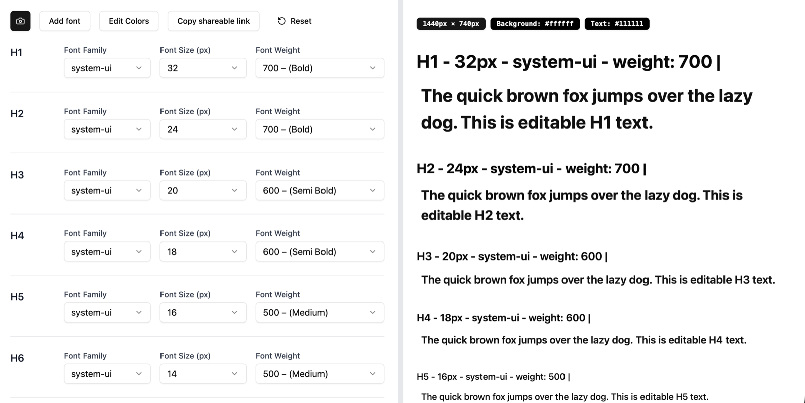 Font Tester typography controls and live preview