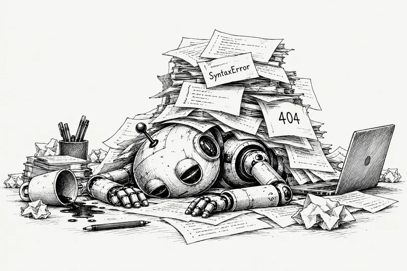 Robot buried under code printouts and error reports.