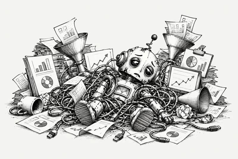 Robot tangled in marketing funnels, cables and dashboards.