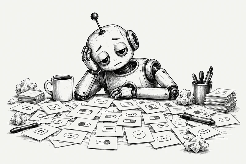 Exhausted robot surrounded by dozens of button designs.
