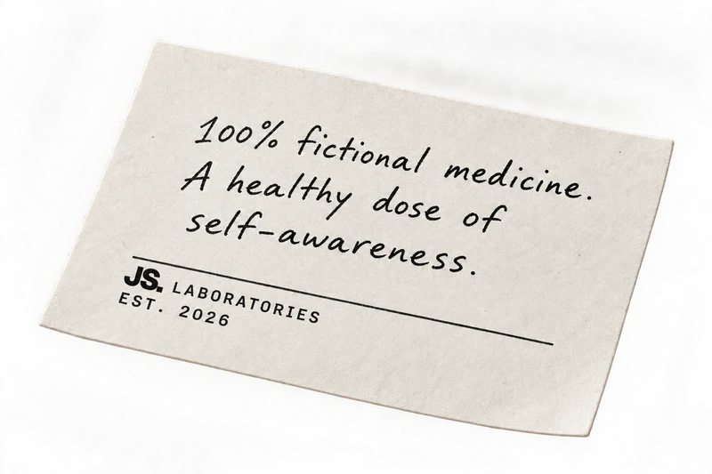 100% fictional medicine. A healthy dose of self-awareness. JS. Laboratories, est. 2026.
