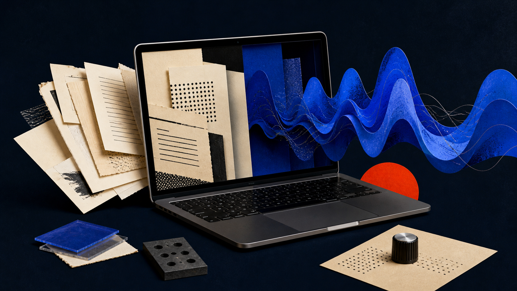 Editorial illustration representing a written blog article being transformed into an audio waveform locally on a computer.