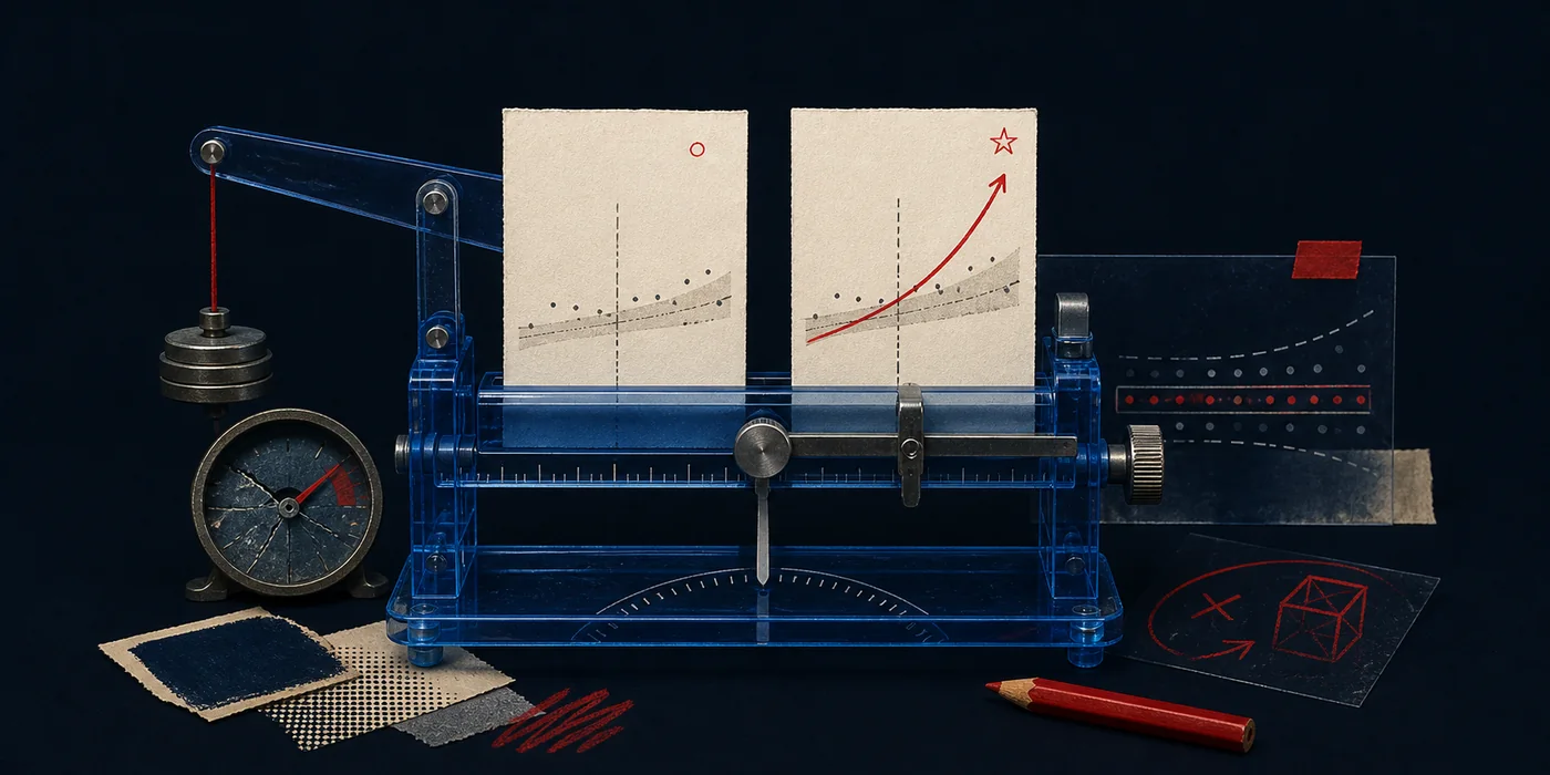 Collage editorial de una máquina de medición experimental equilibrando dos tarjetas de resultados