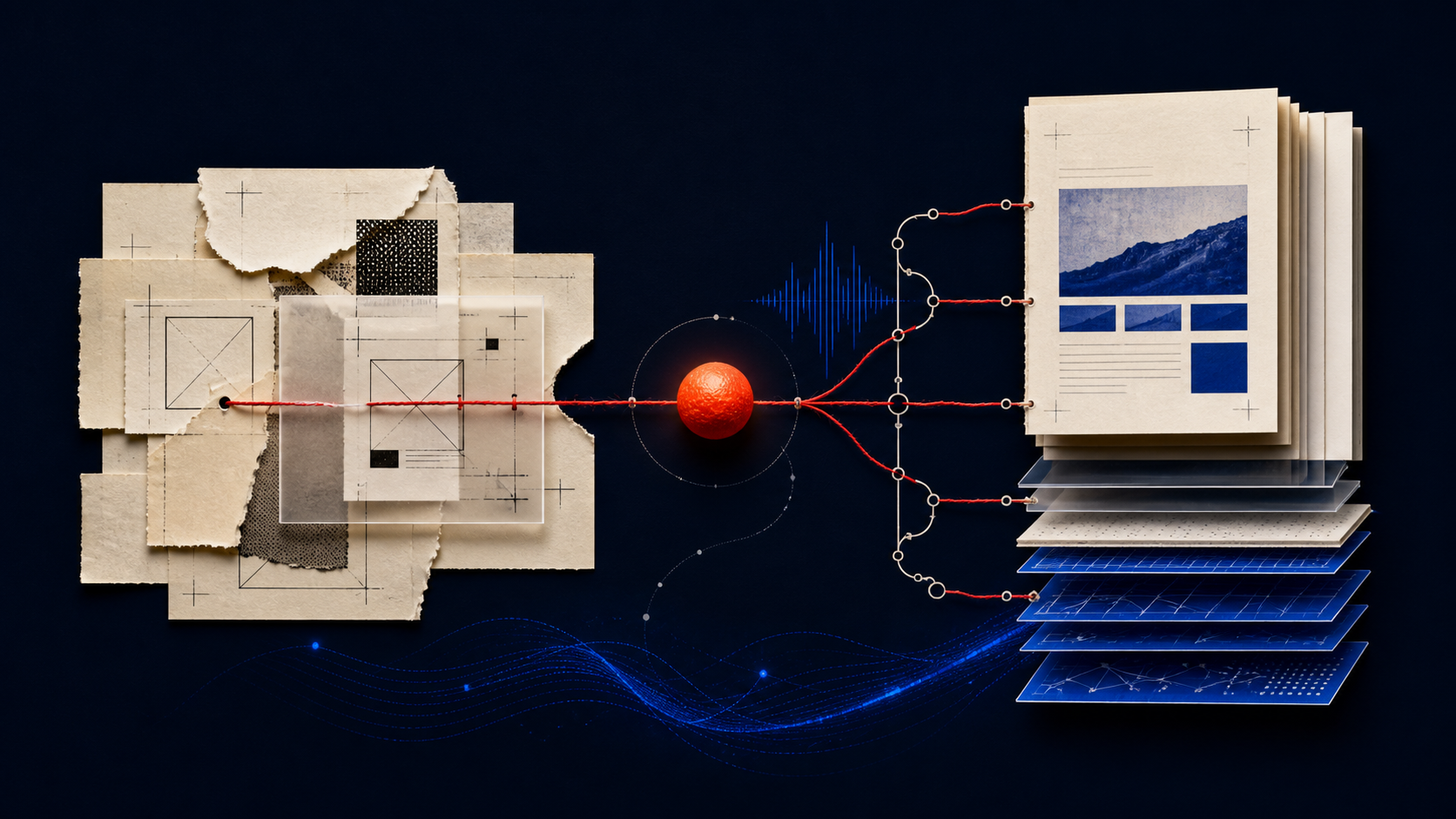 Editorial collage showing a fragmented visual canvas transforming through a version-control graph into an ordered stack of static web pages.